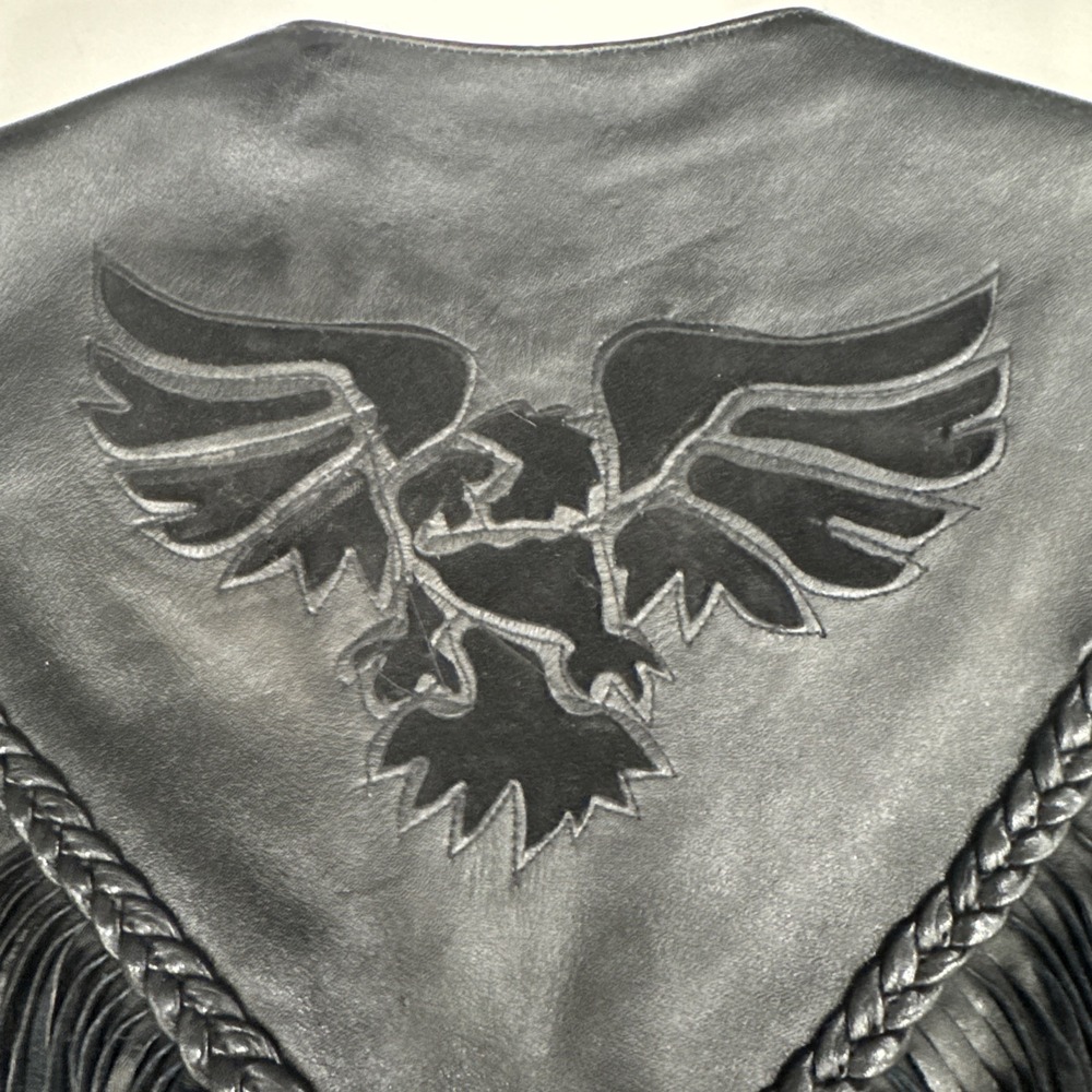 A-1 Leather Biker Vest Size M Fringe Harley Davidson Floral Front Eagle Back - Picture 6 of 8